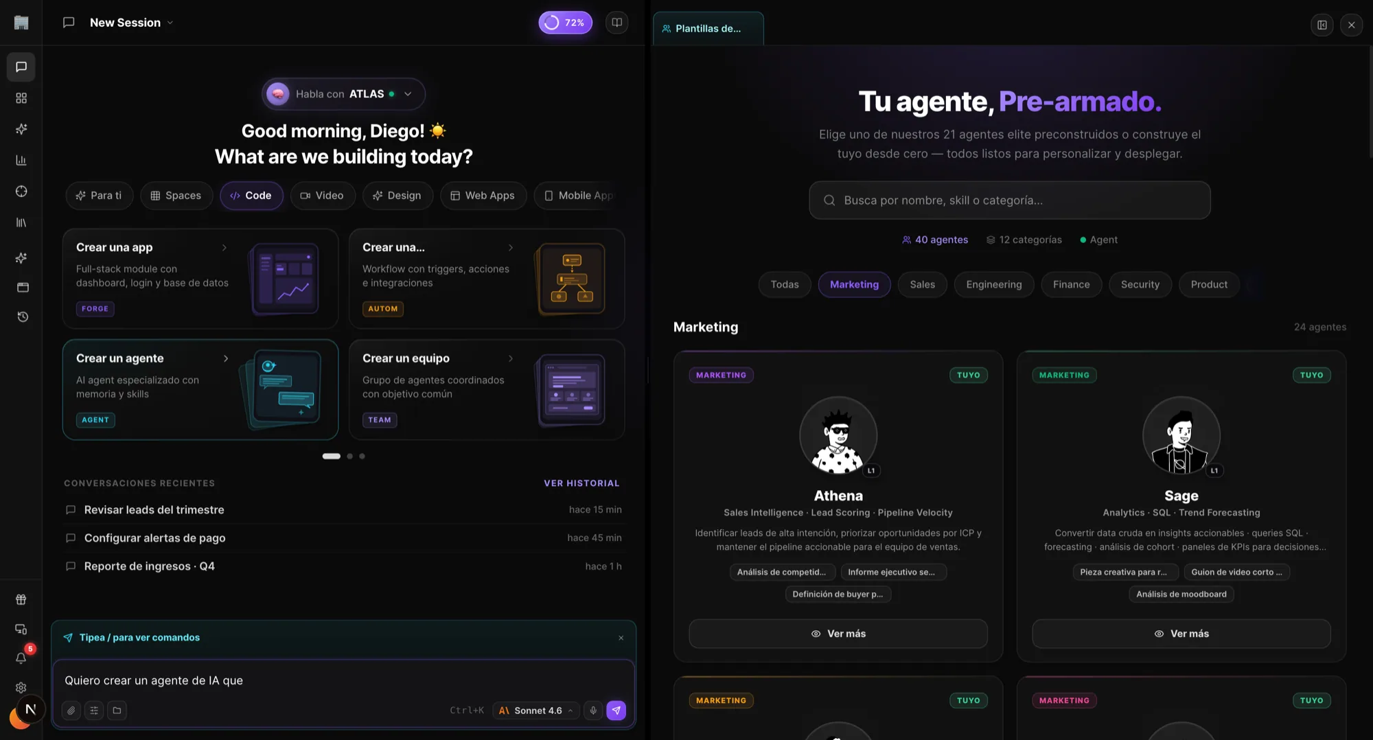 NeuralOS · home con el filtro Code y el catálogo "Tu agente, Pre-armado": agentes elite preconstruidos listos para personalizar y desplegar